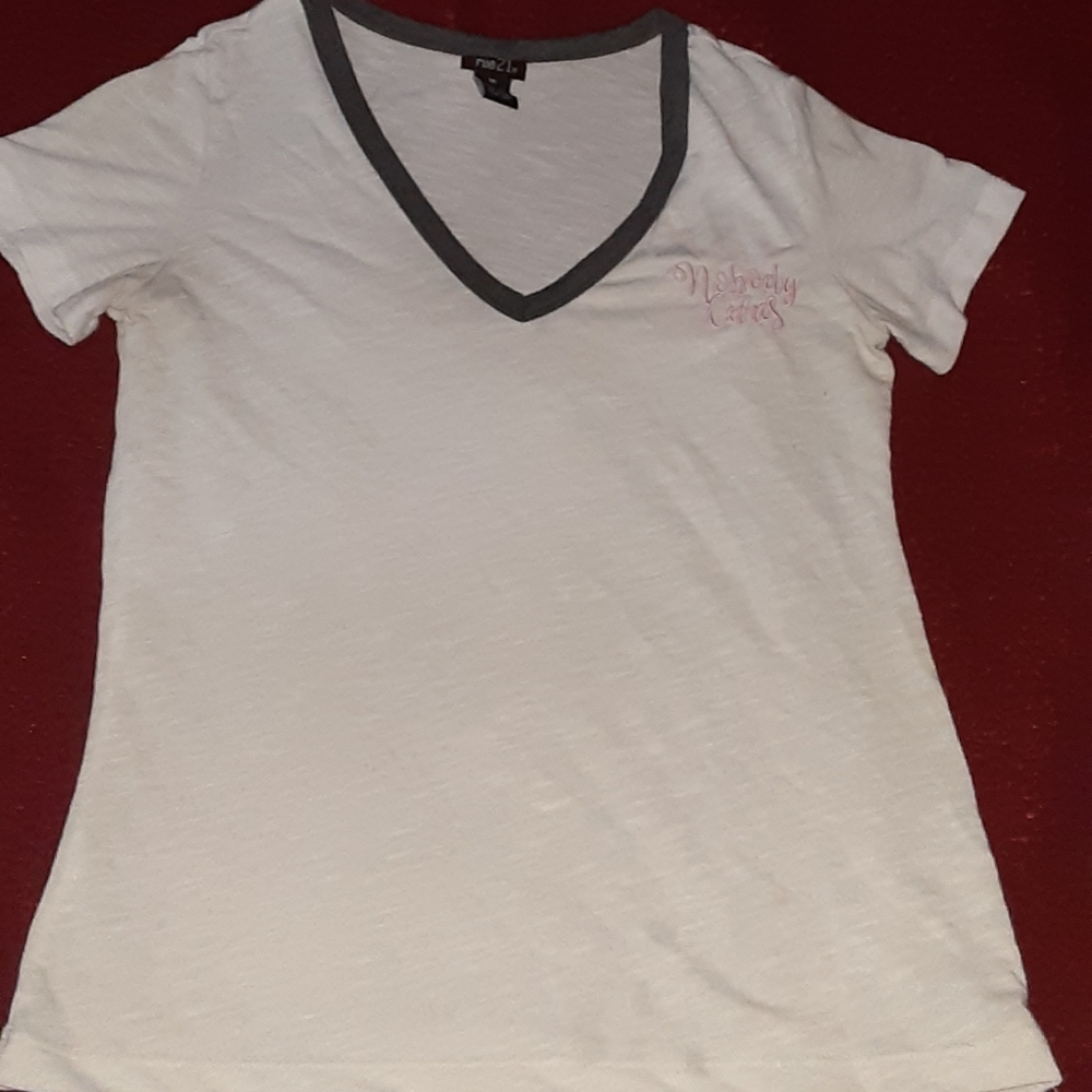 Rue21 White and pink "Nobody Cares" V-neck